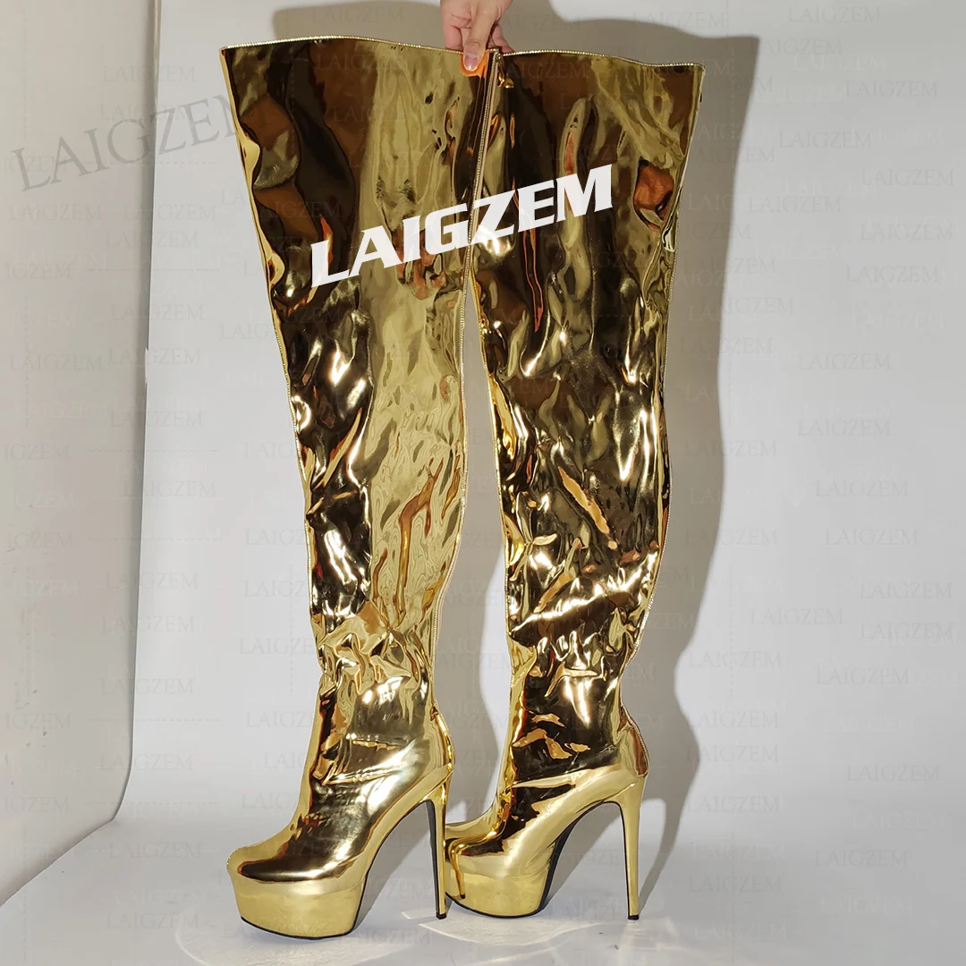 ZHIMA Frauen Oberschenkel Hohe Plattform Stiefel Voller Reißverschluss Metallic Farben Dünne High Heels Stiefel Über Knie Schuhe Frau Große Größe 40, 43, 52