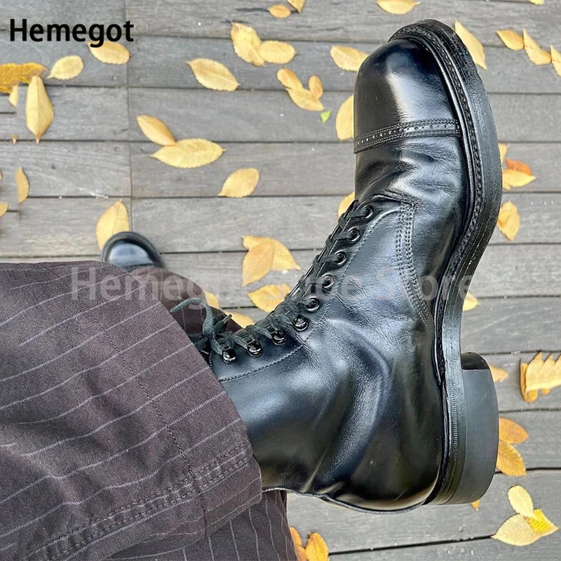 Retro-Motorradstiefel, dicke Sohle, runde Zehenpartie, britischer Stil, Hemegot-Schuh, handgefertigter Designer-Stil, Herren-Booties, stilvolle Herrenschuhe