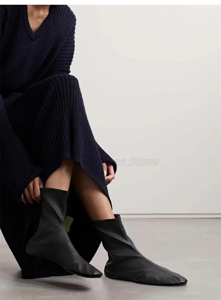 Chelsea-Stiefel aus echtem Leder im minimalistischen Stil, Damen-Stiefel mit flachem Boden und kurzem Schlauch, nackte Stiefel, schwarze Damen-Singles-Stiefel