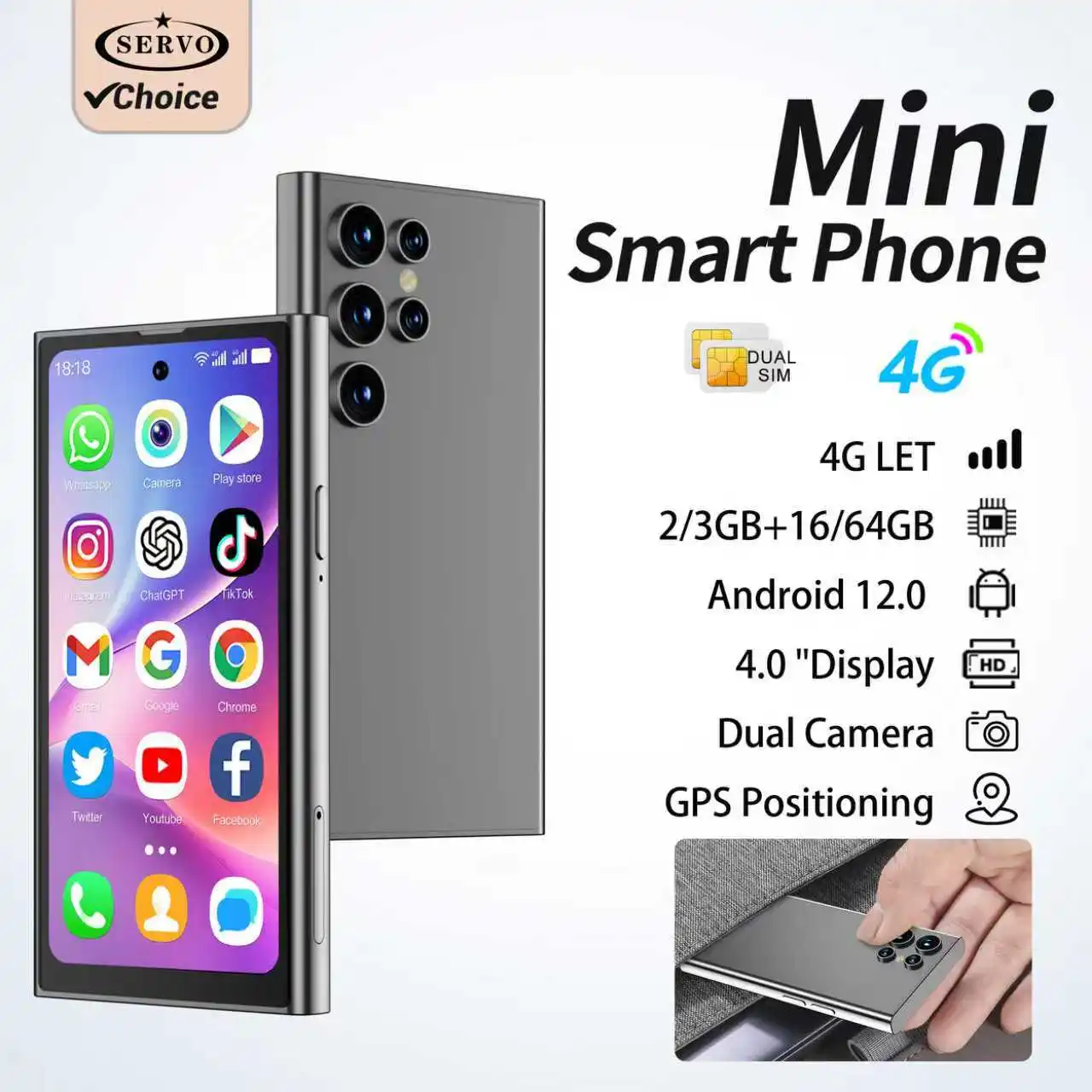 SERVO S27 Mini 4G LTE Android Small Smartphone 3+64GB Play Store WiFi GPS Face Unlock Dual SIM 4.0inch Pocket Smart Phone Type-C