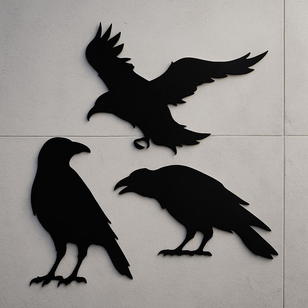 Set di 3 decorazioni murali in metallo a forma di corvo / Decorazione spettrale di Halloween con corvo / Decorazione murale gotica a forma di lapide e