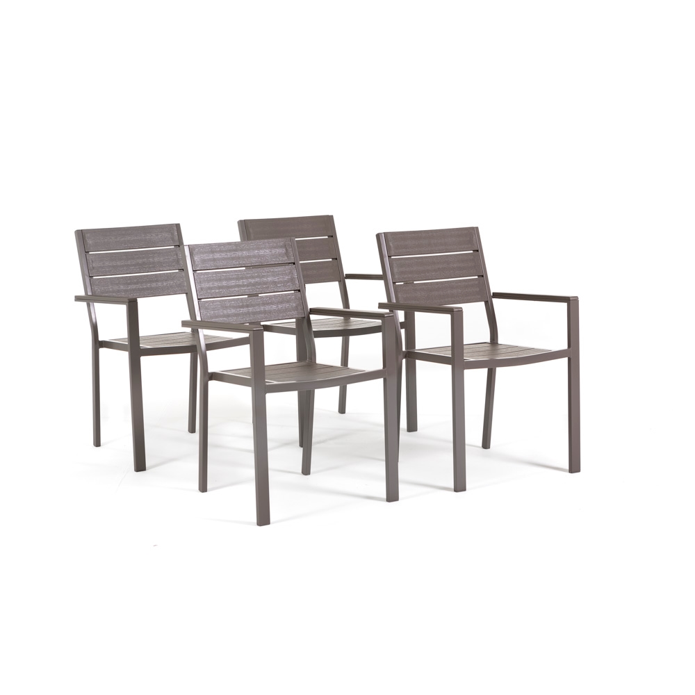 RATTATAN Set aus 4 stapelbaren Gartenstühlen mit Armlehnen, pulverbeschichtetem Stahlrahmen und Sitzfläche aus Polyethylen-Latten in Holzoptik – Adele – Taupe Image