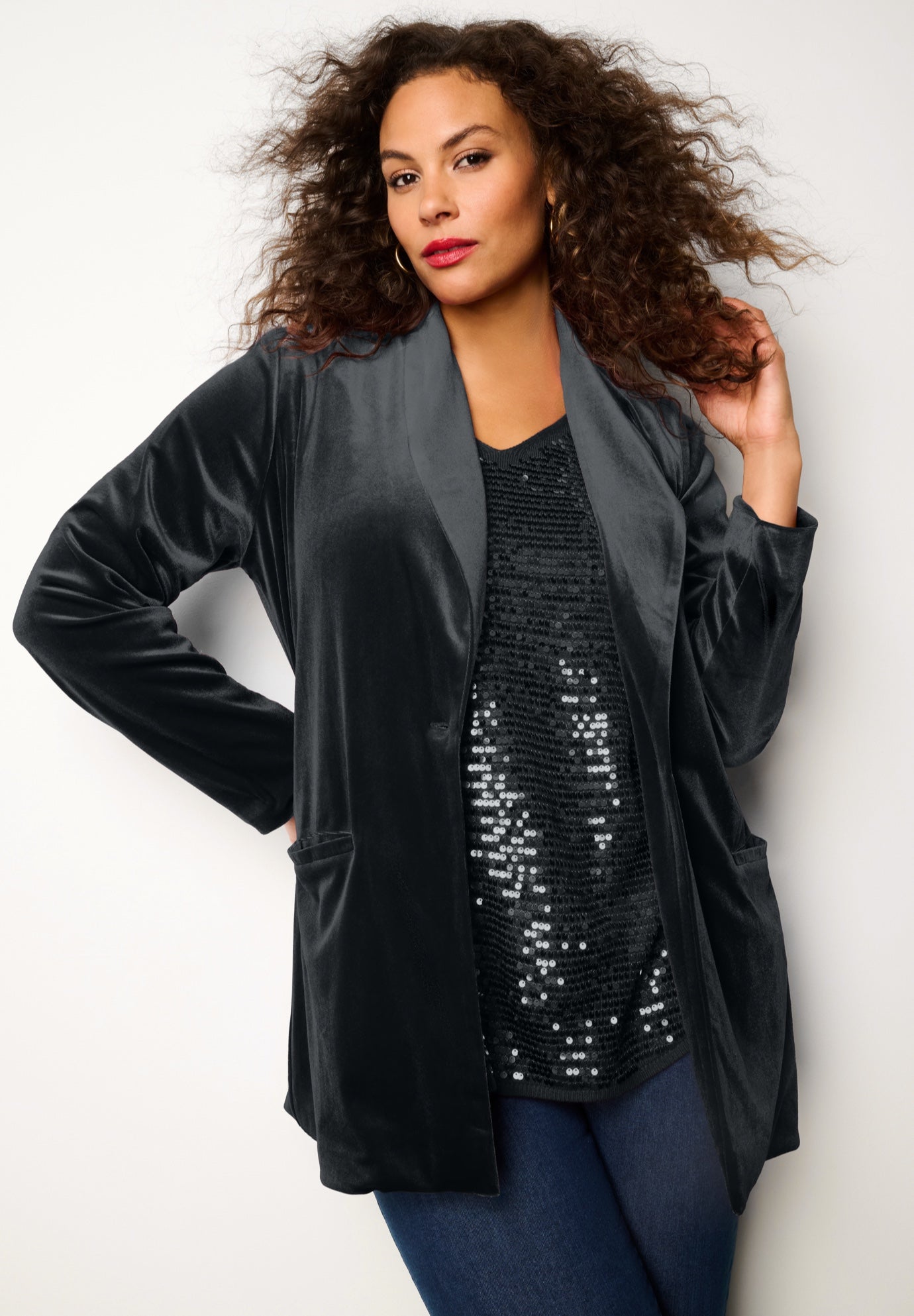 Plus Size Women's Plus Size Shawl Collar Velour Blazer by Roaman's in Black (Size 20 W)
