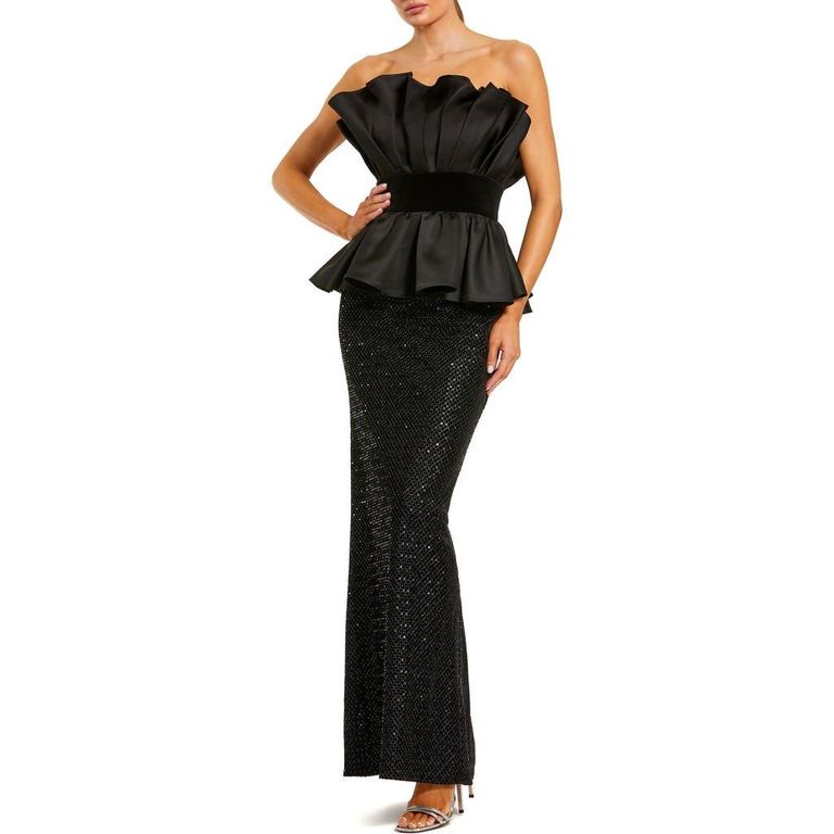 Strapless Satin Peplum Top With Sequin Skirt Gown - Black - Mac Duggal Dresses