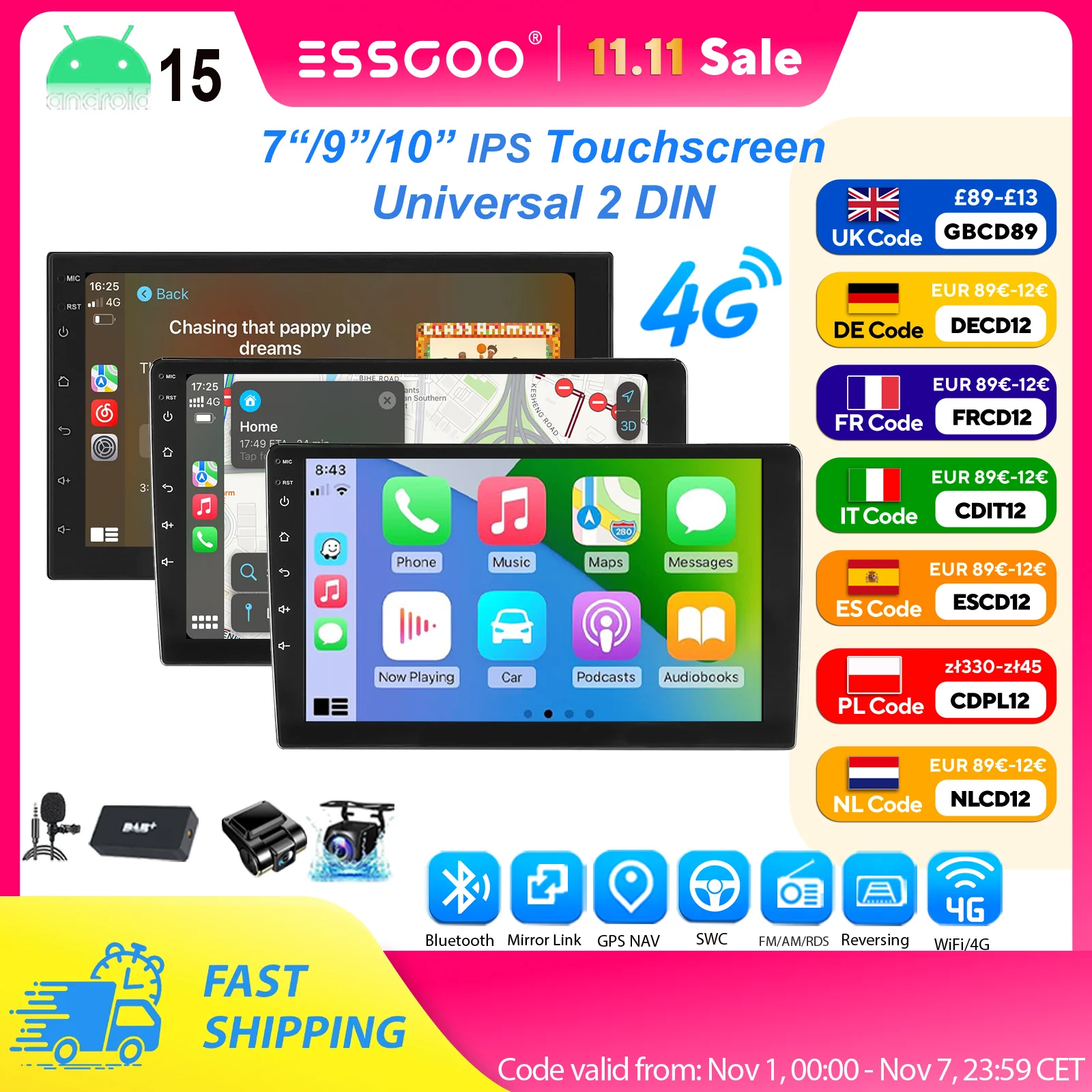 ESSGOO 7"/9"/10" Android15 8-Core 6+128G Autoradio Drahtloses Carplay GPS Navi BT AM FM RDS WIFI QLED Touchscreen 4G LTE SWC 2 DIN Image