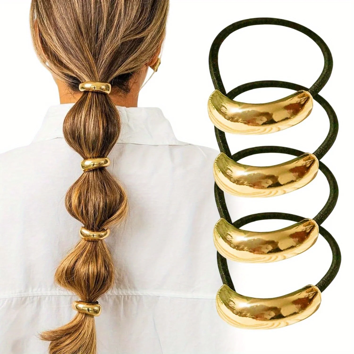 4 Stück goldene Metall-Haargummis für Frauen – Accessoires für Geburtstage und besondere Anlässe, Haarstyling-Accessoires, raffinierter Look Image