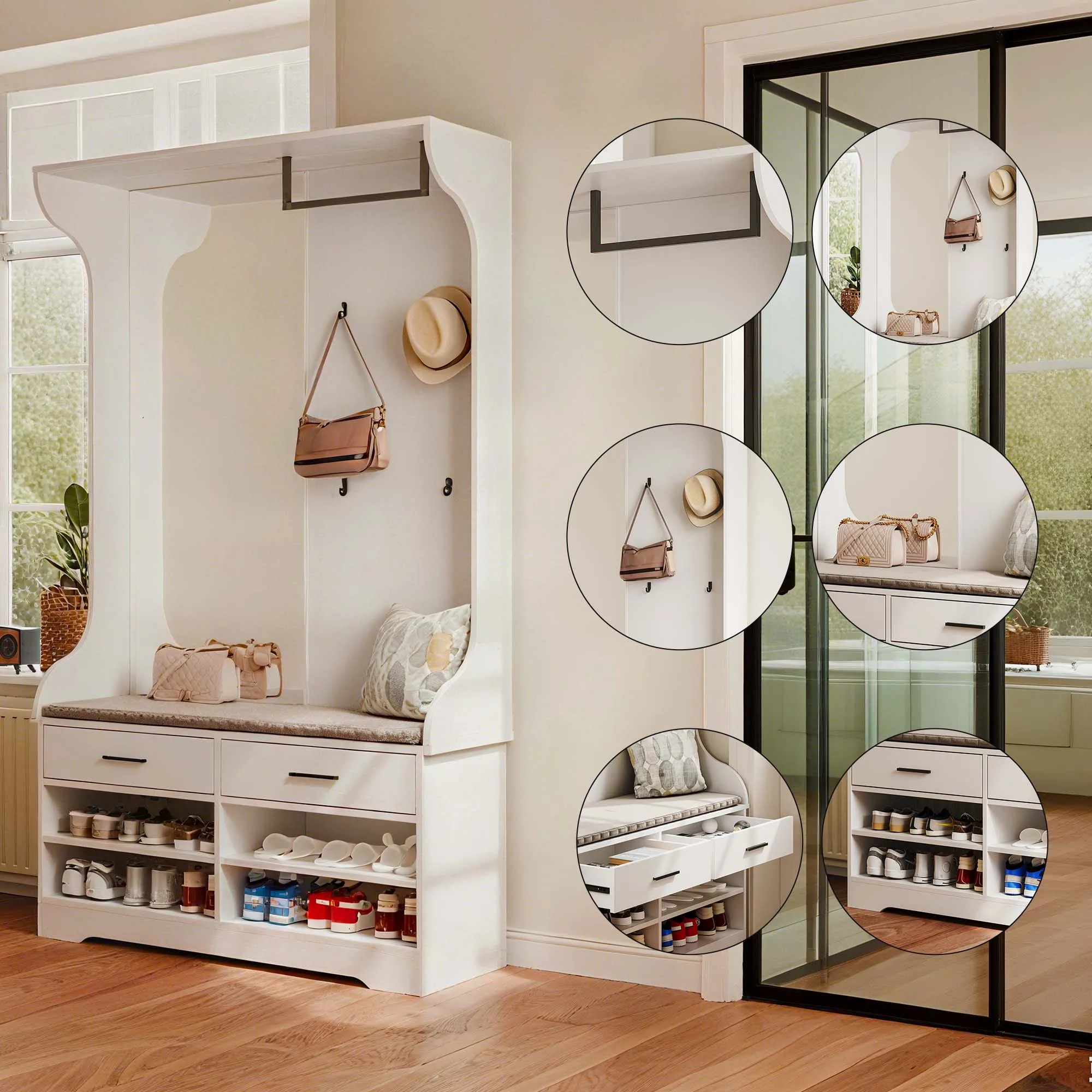 Anajqaqia 104 x 35 x 180 cm Garderobenständer, mit offenem Schuhschrank und Spiegel, 4 Kleiderhaken und 1 Kleiderstange, 2 Schubladen, weiß