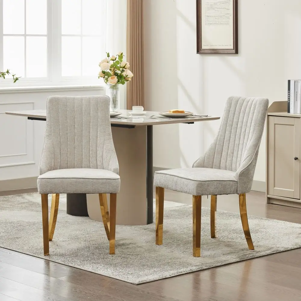 Esszimmerstühle aus Chenille-Stoff mit Beflockung aus Rayon-Stoff, Kanal-Küchen-Esszimmerstuhl, mit goldenen Beinen aus Edelstahl, 2er-Set