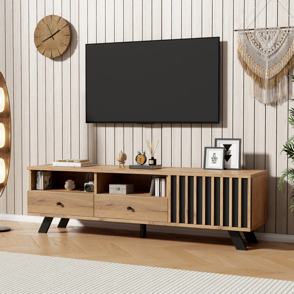 Meuble TV 150*38*44cm, meuble TV, avec 2 tiroirs, meuble bas avec un meuble, pour TV de 60 pouces, meuble de salon couleur bois