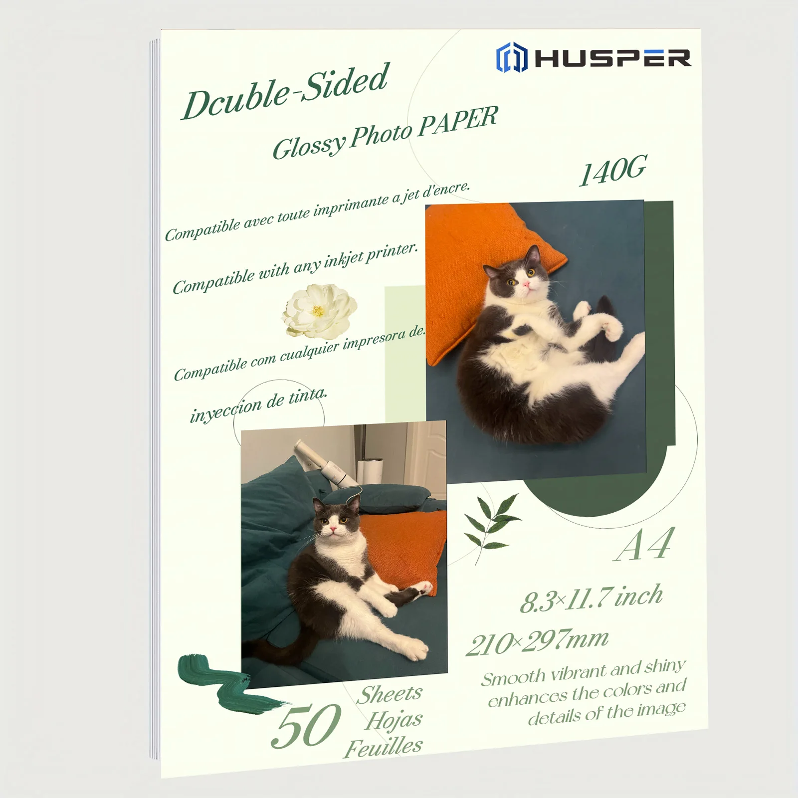 HUSPER A4 (8,3 x 11,7 Zoll), 50 Blatt, 140 g doppelseitiges, glänzendes Inkjet-Fotopapier Image
