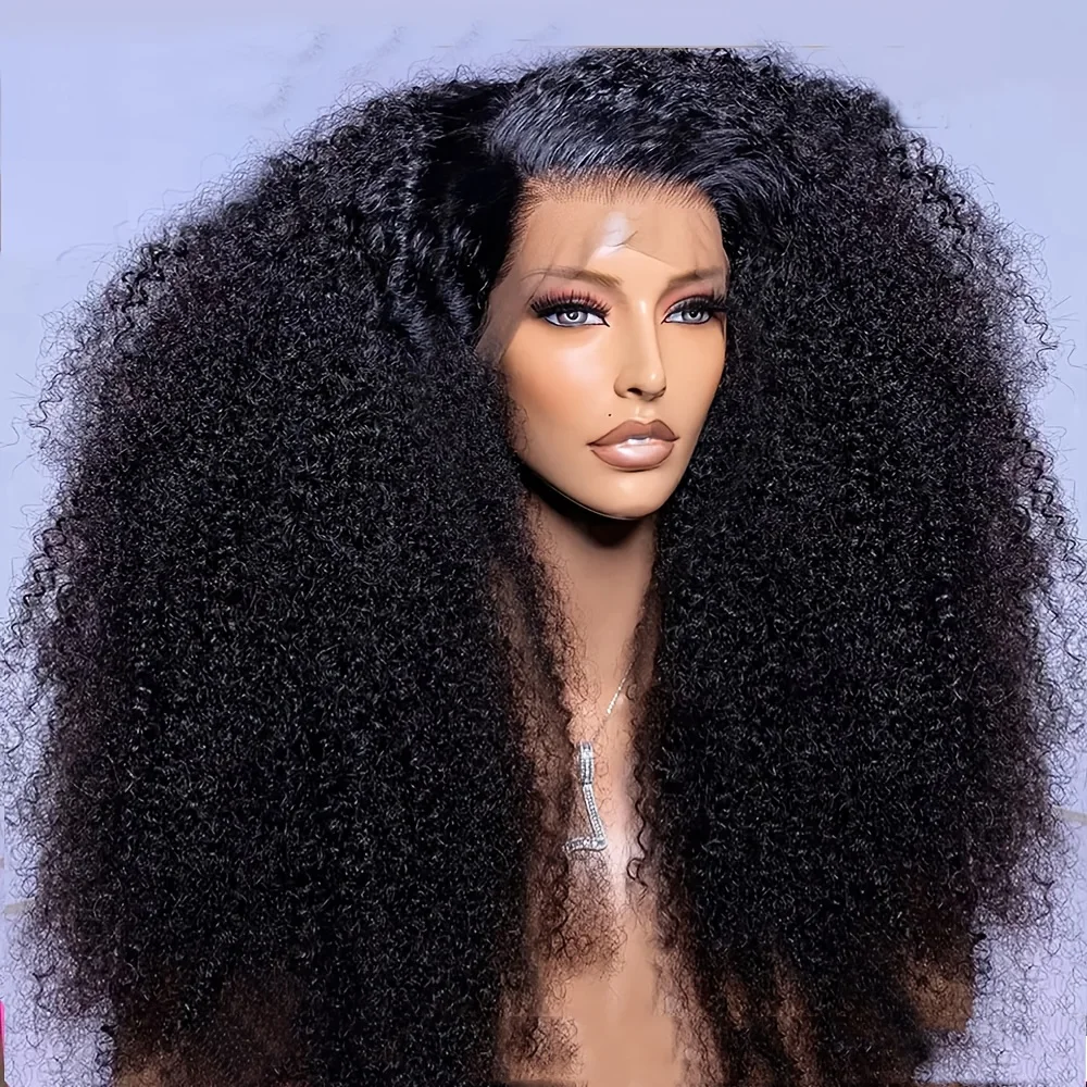 Lange 26 Zoll 180 Dichte weiche natürliche schwarze verworrene lockige vorgezupfte leimlose synthetische 13x4 Lace-Front-Perücke Babyhaar Täglicher Gebrauch Image