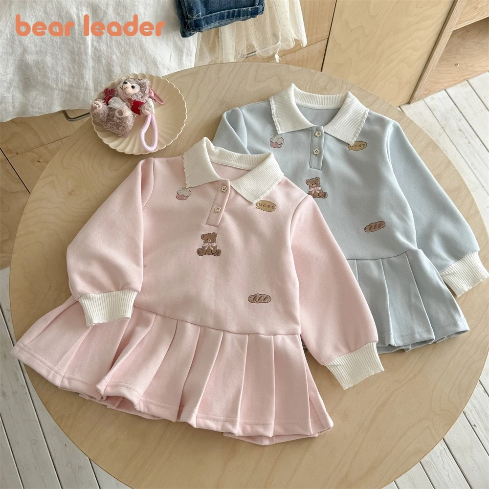 Bär Führer Kinder Kleidung Nette Baby Mädchen Casual Kleider Herbst Lange Ärmeln Revers Cartoon Gedruckt Plissee Prinzessin Kleid Image