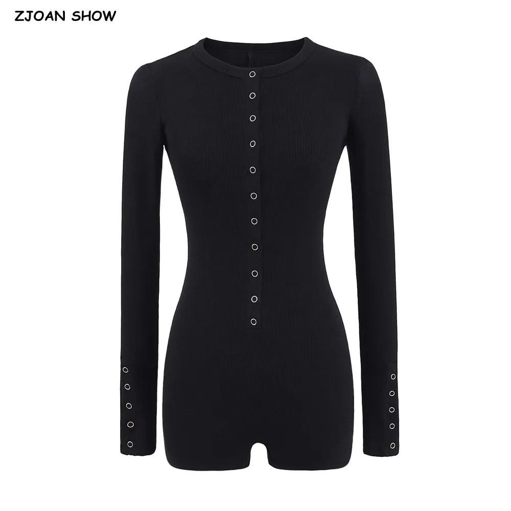4 Farben Y2K Sexy Metall bedeckter Knopf O-Ausschnitt Langarm Jersey Body Frau enger kurzer Overall Slim Fit Strampler Playsuits Image