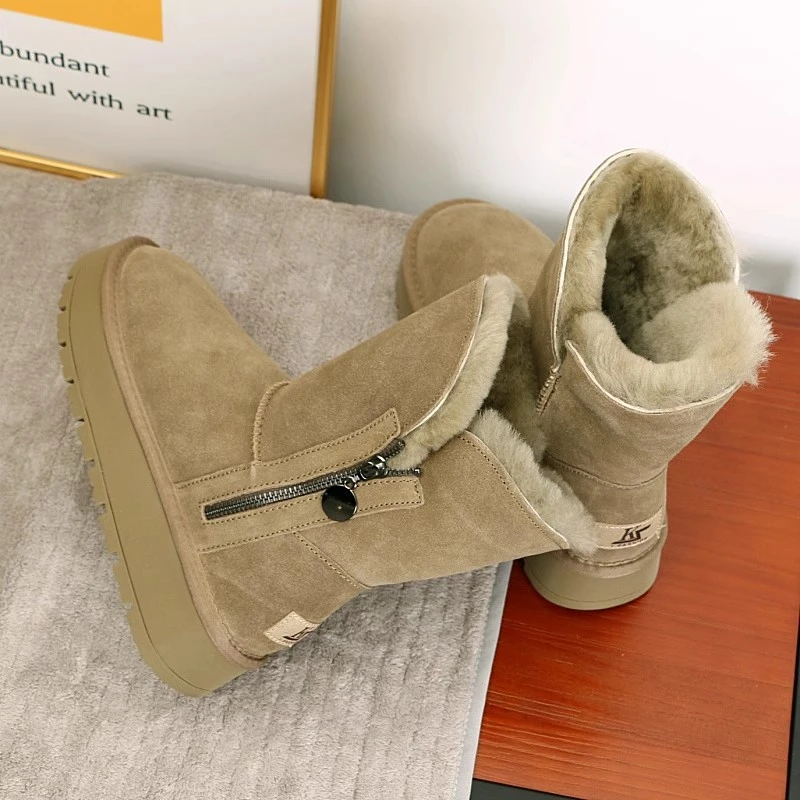 Northeast Schneestiefel für Damen, 2025, neue Winter-Mittelrohr-Rindsleder, rutschfeste Plattformsohle, Fleece, dicker Reißverschluss, warme Baumwollschuhe Image