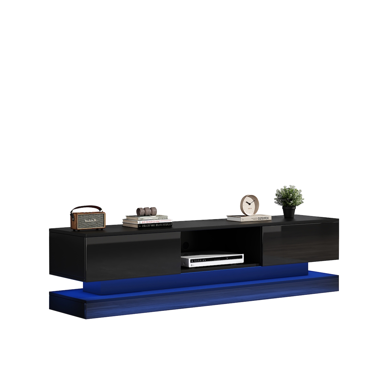 OKWISH Hochglanz TV-Schrank 160x35x40 cm LED Beleuchtung Schubladen Kabelmanagement Anti-Kipp Design moderner Fernsehtisch Schwarz Image