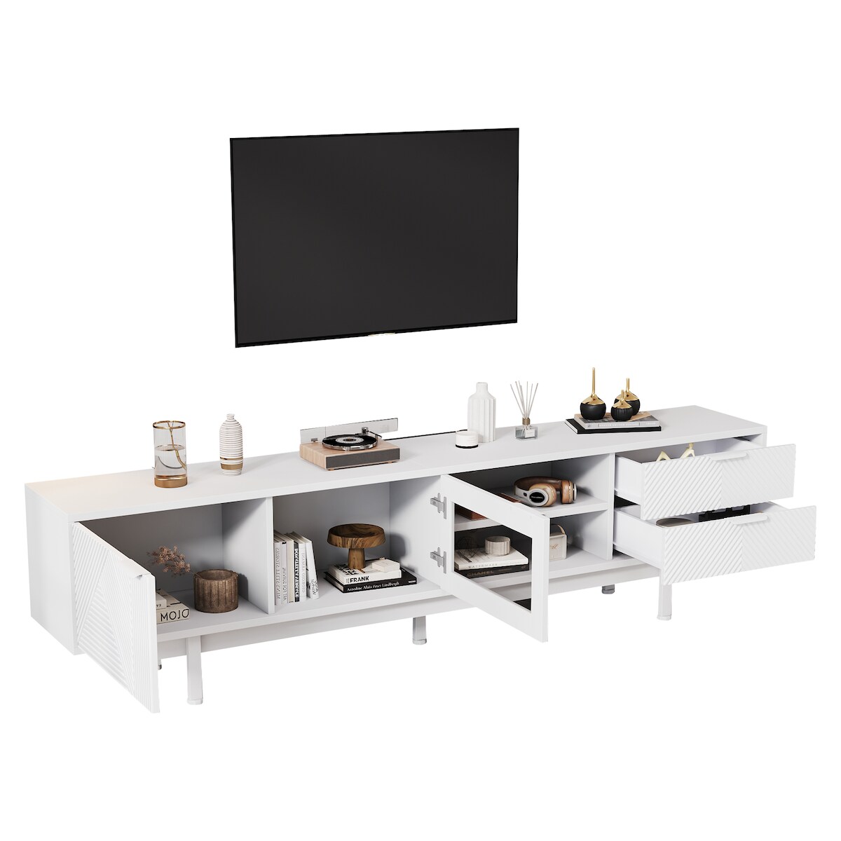 OKWISH TV-Schrank 200x40x50 cm Weißer Fernsehtisch mit 2 Türen, 2 Schubladen, halboffene Ablagen, dreischichtiges Design, stabiler TV-Ständer für 80-Zoll-TV