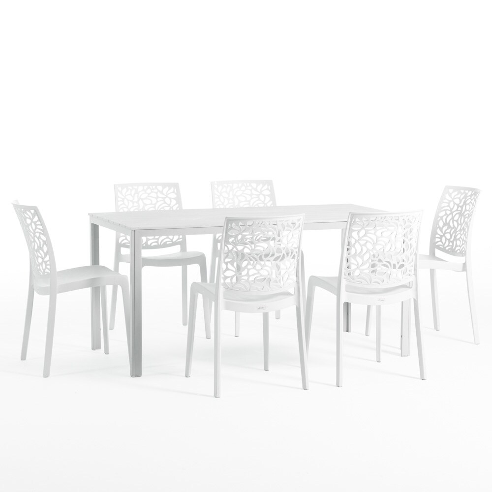 RATTATAN Gartenset mit Tisch und 6 Stühlen, rechteckiger Tisch mit Eisenstruktur und einteilige, stapelbare Stühle aus Harz – Thomas+Anna/Weiß-Weiß Image