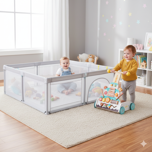 Costway Wooden Baby Walker and Large Infant Playpen Bundle