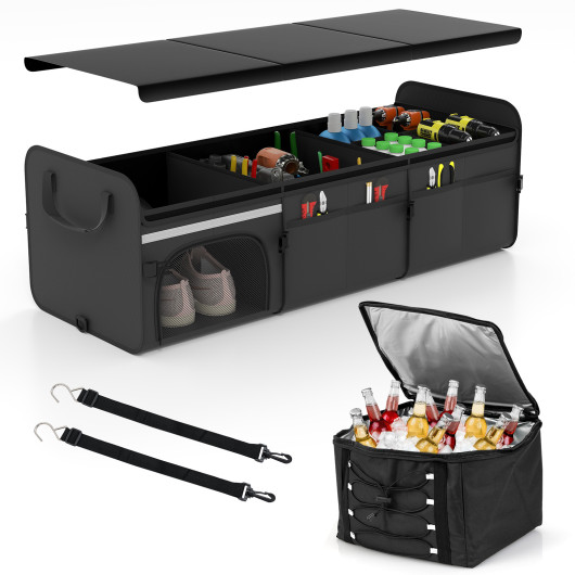 Costway 18 Gal Car Trunk Organizer with Lid 3-Compartment Portable Storage Box-Black