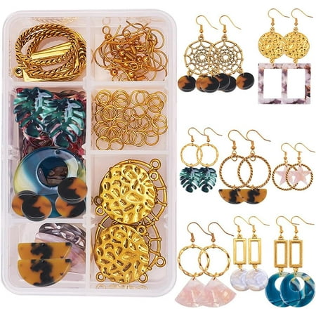 1 Box DIY 8 Pairs Round Square Moon Drop Mottled Acrylic Stud Earring Making Starter Kits Jewelry Arts Craft Supplies for Beginners Women Goldenrod for diy