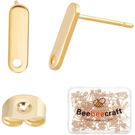 1 Box 60Pcs 24K Gold Plated Rectangle Earring Findings Stainless Steel Ear Stud with Hole and Earring Backs for Mother s Day Jewelry Making diy Real 24K Gold Plated
