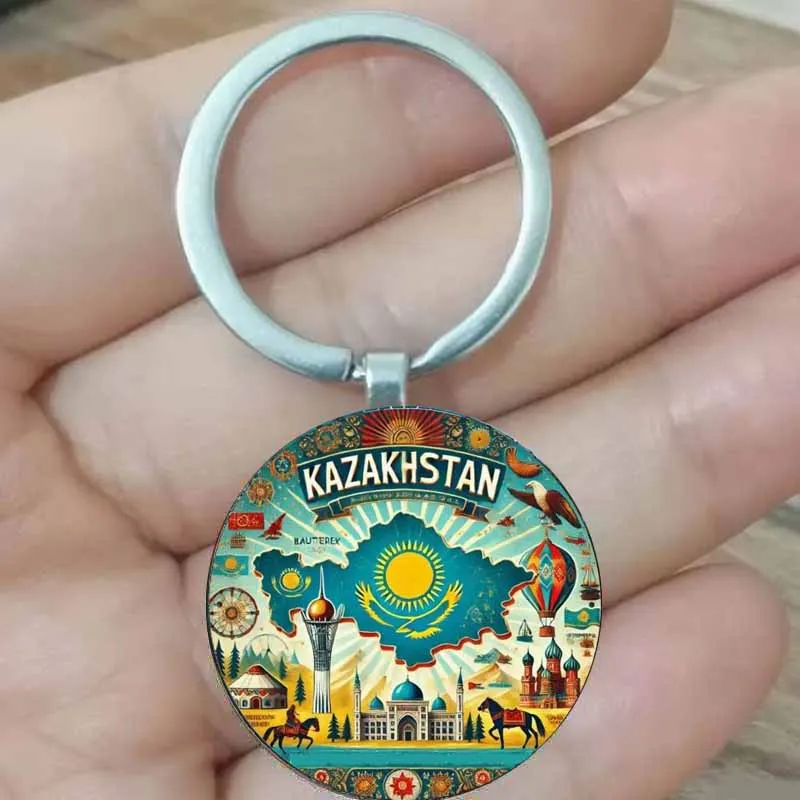 Kasachstan-Schlüsselanhängerkarte und ikonische Touristenattraktionen, Reise-Souvenirs sind dachte Geschenke für zentralasiatische Enthusiasten, die Image