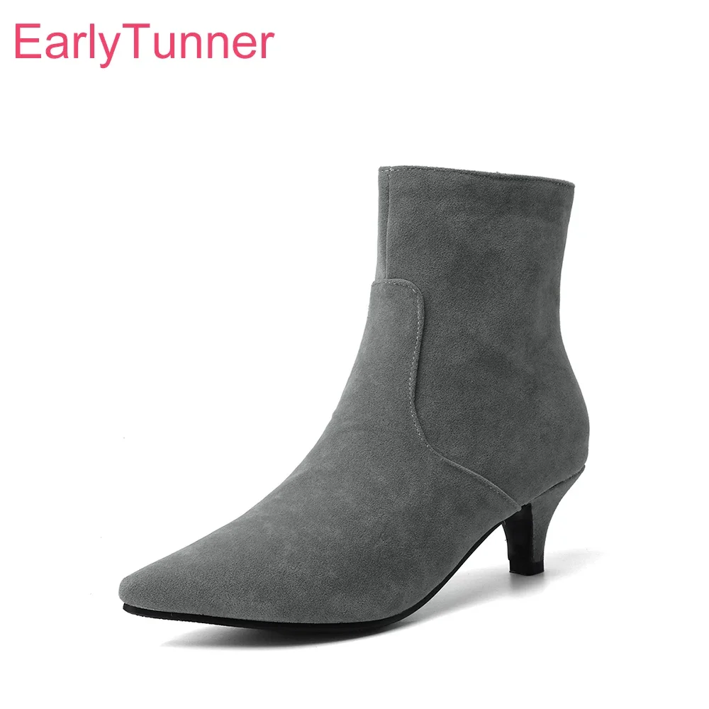 Marke Neue Mode Grau Schwarz Frauen Stiefeletten Spitz High Heels Büro Dame Schuhe Plus Große Kleine Größe 12 30 43 45 48