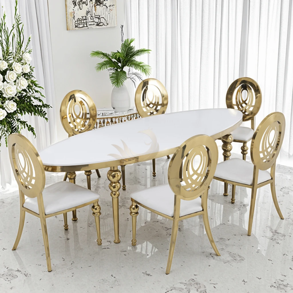 Moderner wasserdichter und rostfreier ovaler Mlirror-Tisch aus Edelstahl mit Glasplatte, modernes Design, Hotelmöbel, Marktrestaurant Image