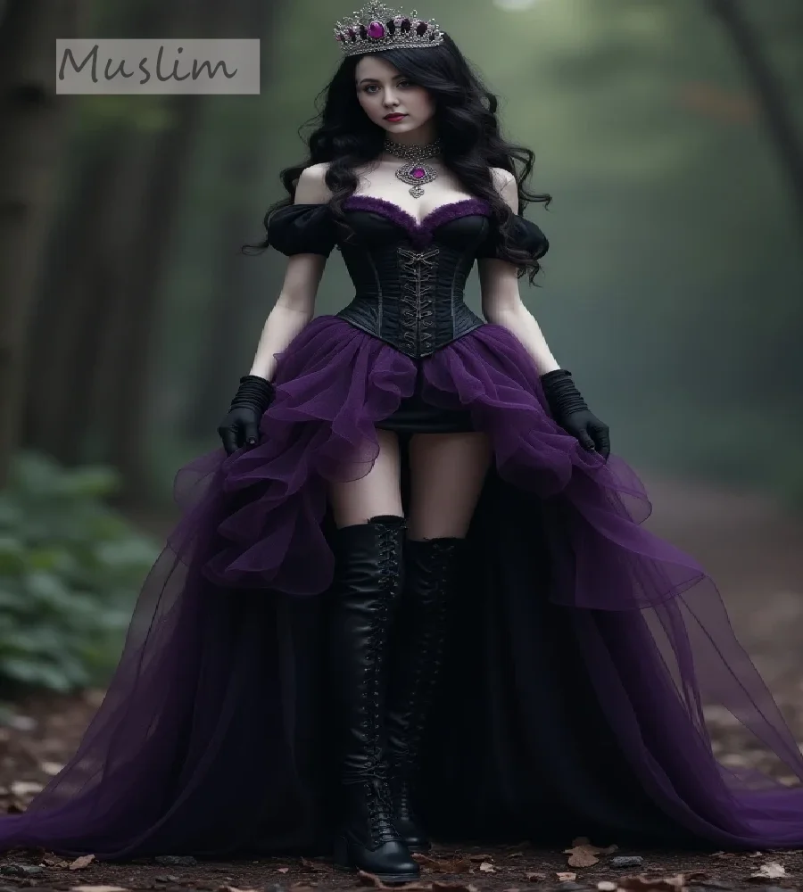 Vintage schwarzes und lila Gothic-Abschlussballkleid 2025, Hi-Low-Kostüm, Abendkleid, Tüll, Halloween, Geburtstag, formelle Party, individuell gestaltet