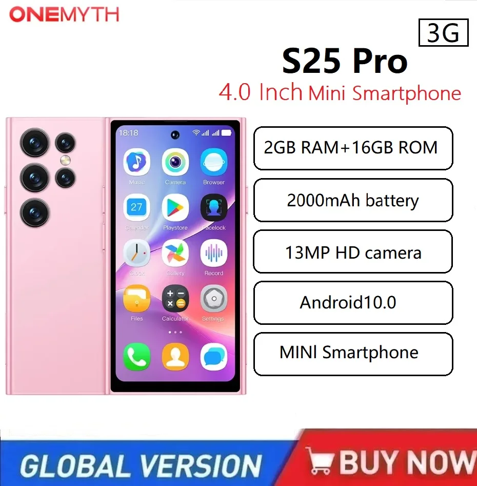 ONEMYTH S25 Pro Mini 3G Smartphone 4,0 Zoll Vollbilddisplay 2000 mAh 2 GB RAM + 16 GB ROM Dual SIM mit Play Store Mini-Telefon Image