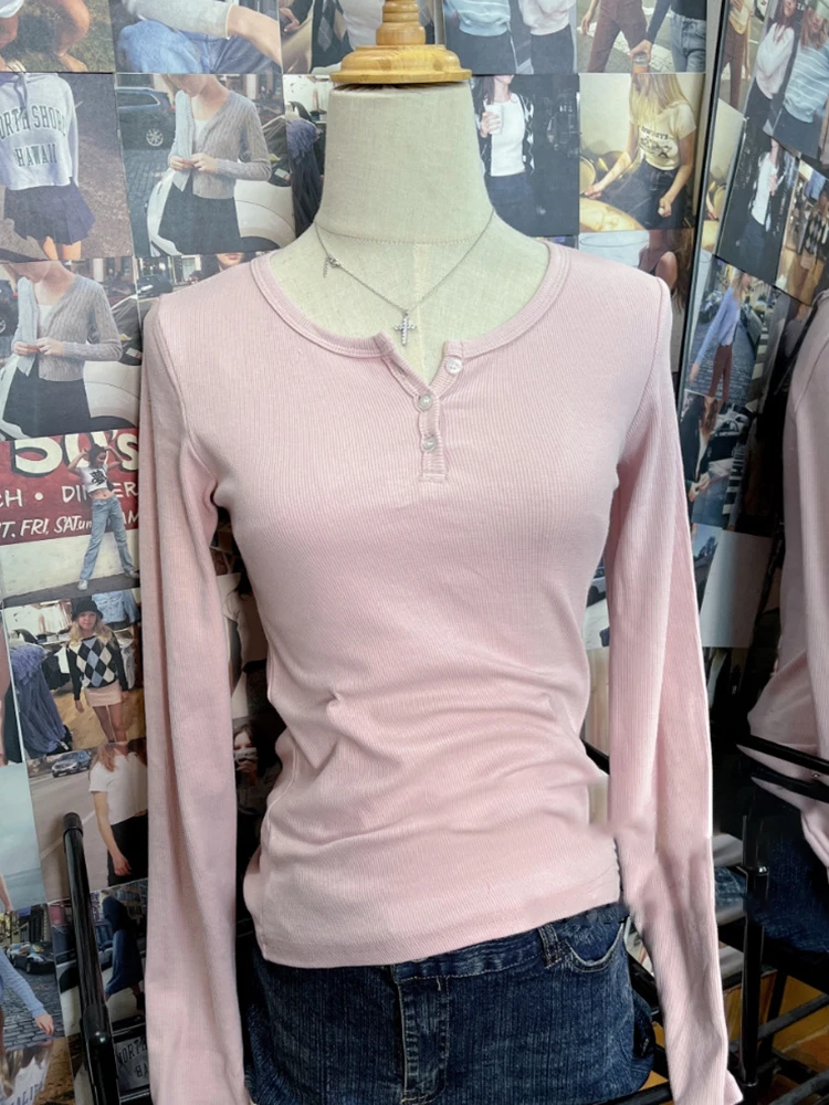 Vintage Taste Rippen Langarm T-shirts Frauen Herbst Casual Rundhals Rosa Baumwolle Y2k Tops Vintage Süße Dünne T Shirt Für Frauen