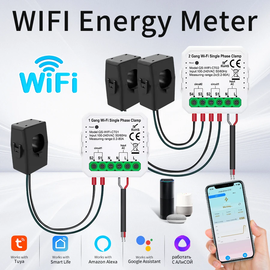 Tuya WiFi Digital Energy Smart Energy Monitor Bidirektion 1, 2 Kanäle mit 80 A Stromwandler Klemme App Monitor Leistung Image