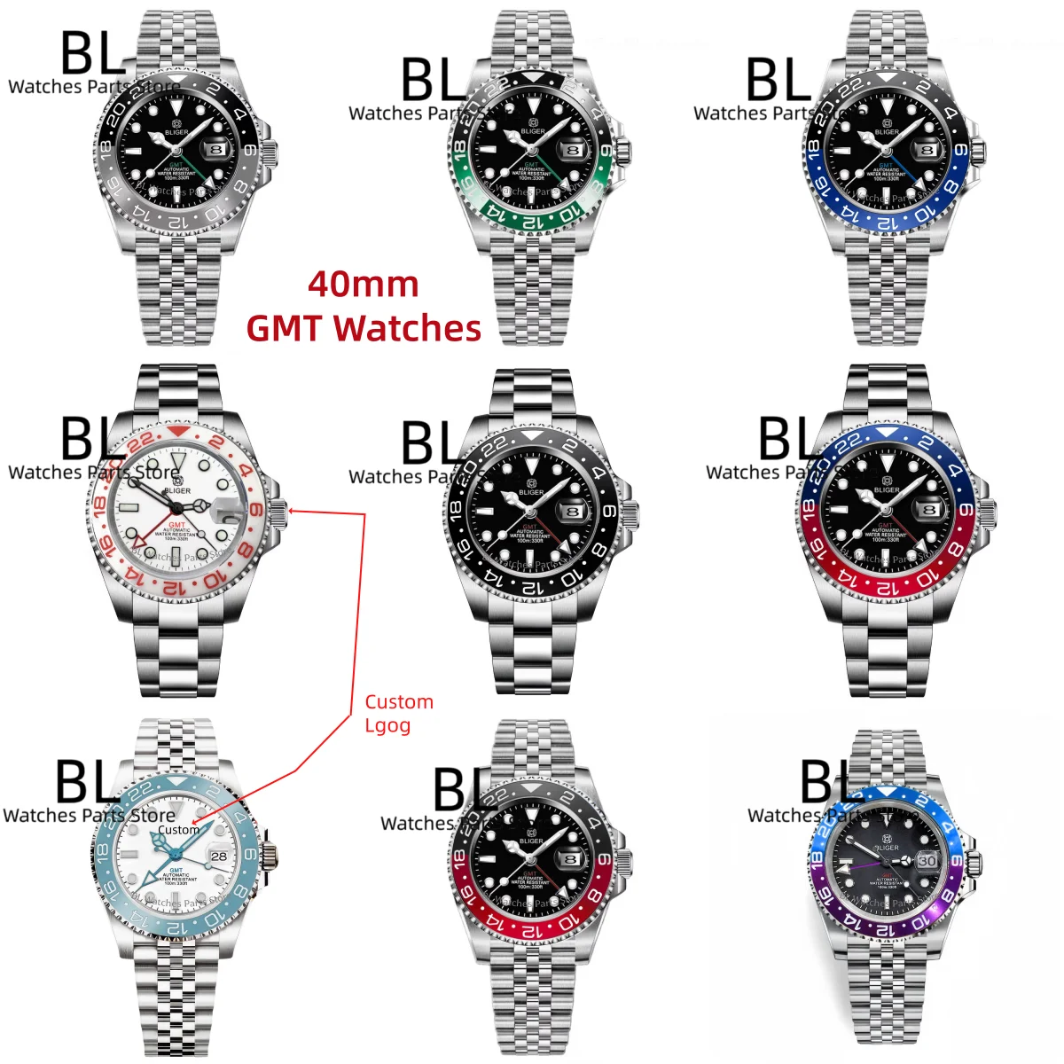 BLIGER Individuelles Logo 40 MM Schwarz Weiß Zifferblatt GMT Uhr Für Männer Luxus Mechanische Uhr Saphirglas Wasserdicht Edelstahl GMT uhr Image