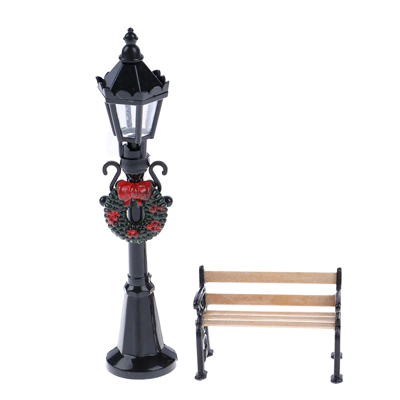 1Pcs/2Pcs 1/12 Puppenhaus Miniatur Weihnachten Park Straße Lampe & Bank Puppe Garten Decor Garten Möbel Miniatur dekor Spielzeug