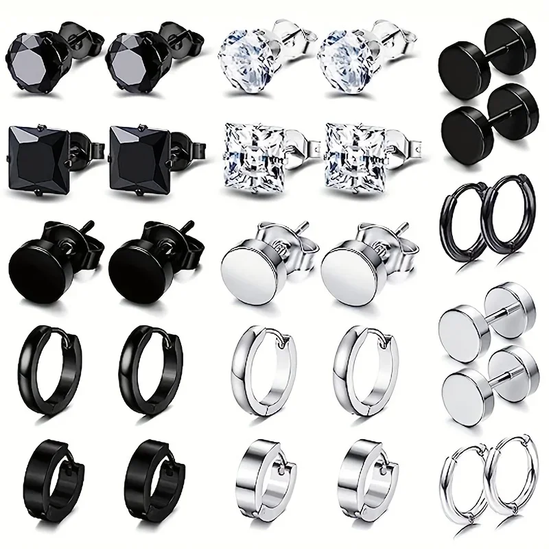 1-14 Pairs Earrings For Men, Black Earrings Mens Earrings, Stainless Steel Stud Earrings For Women Huggie Hoop Earrings Set