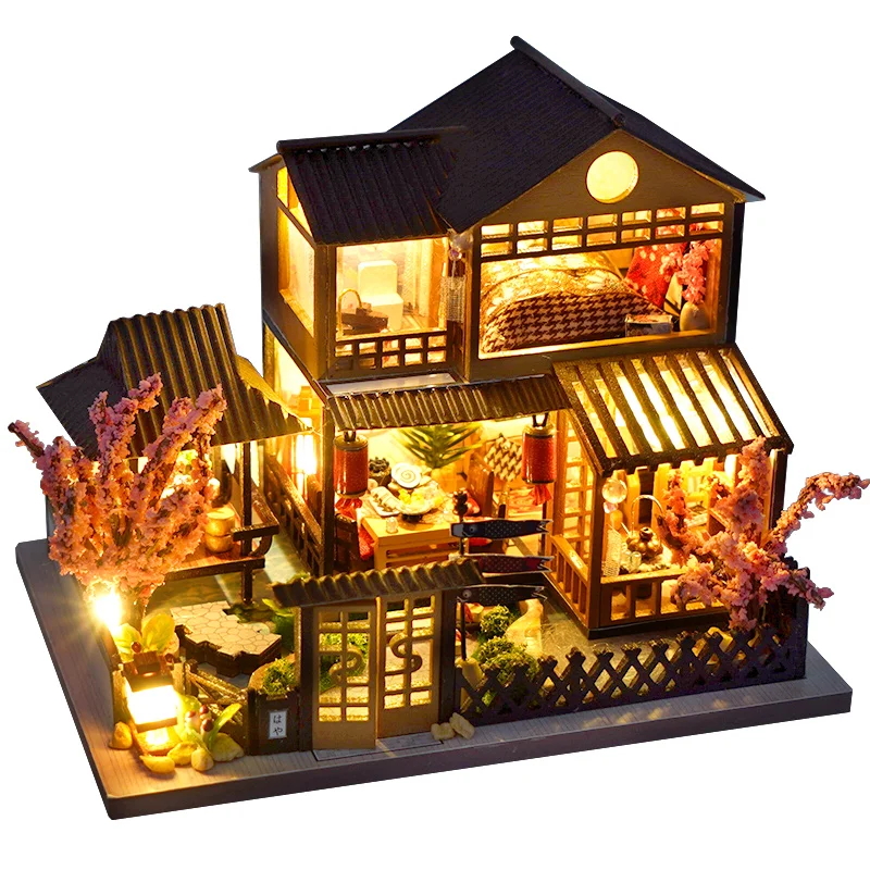 Mini puzzle 3D fai-da-te Casa delle bambole in legno con kit di luci per mobili Casa delle bambole Casa Accessori in miniatura Giocattoli in legno fatti a mano Regali