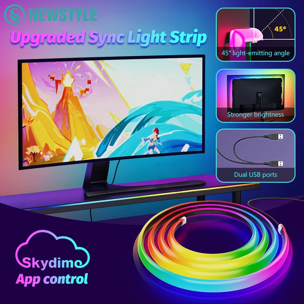 Monitor PC aggiornato Retroilluminazione RGBIC Striscia luminosa a LED Schermo sincronizzato Colore/Musica Barra luminosa per computer Doppia porta USB APP Contr
