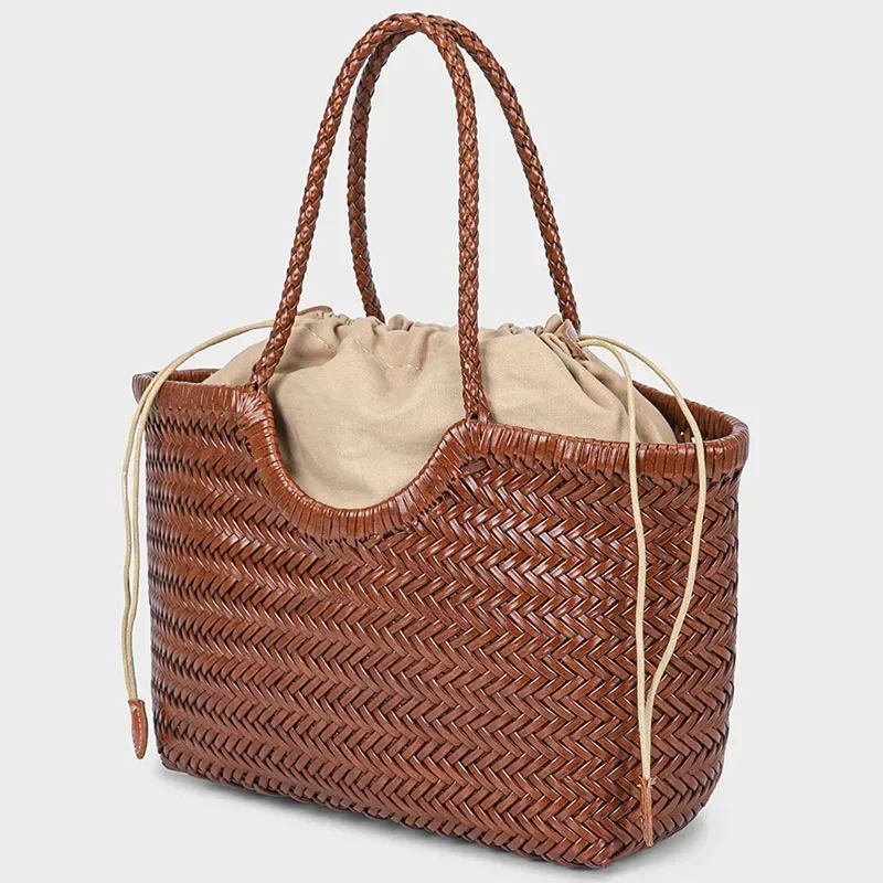 Borsa tote francese in vera pelle intrecciata a mano, grande borsa per cesto di verdure con borsa interna intrecciata casual, borsa tote a spalla sotto le ascelle