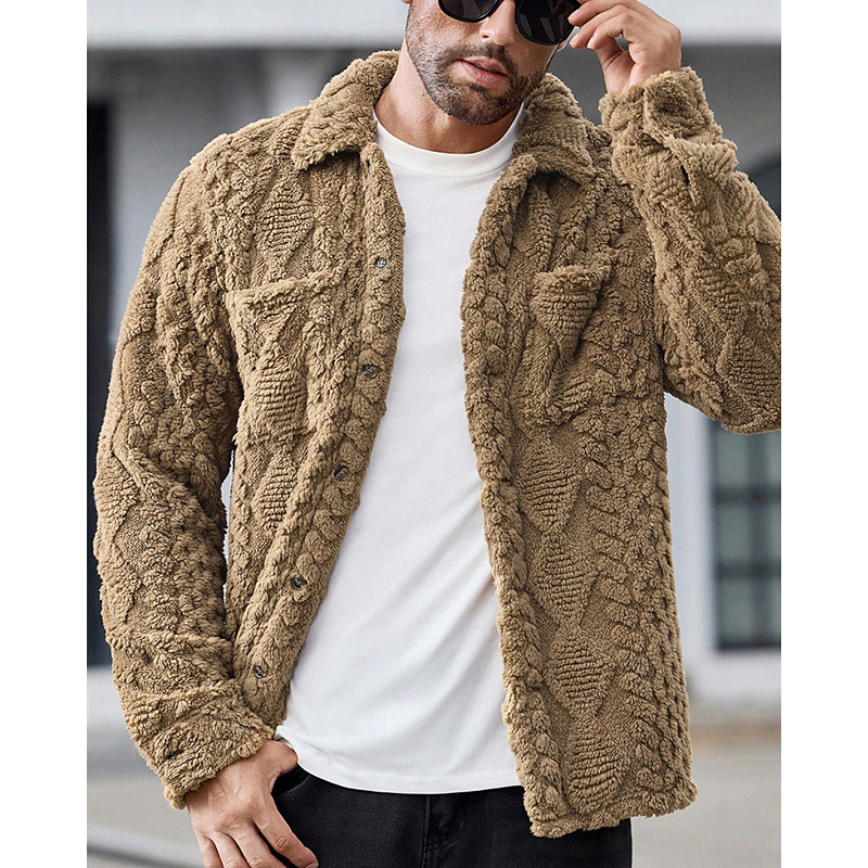 Men's Winter Jacket Teddy Coat Vacation Daily Thermal Warm Jacquard Pocket Winter Plain Fashion Streetwear Lapel Regular Brown Jacket