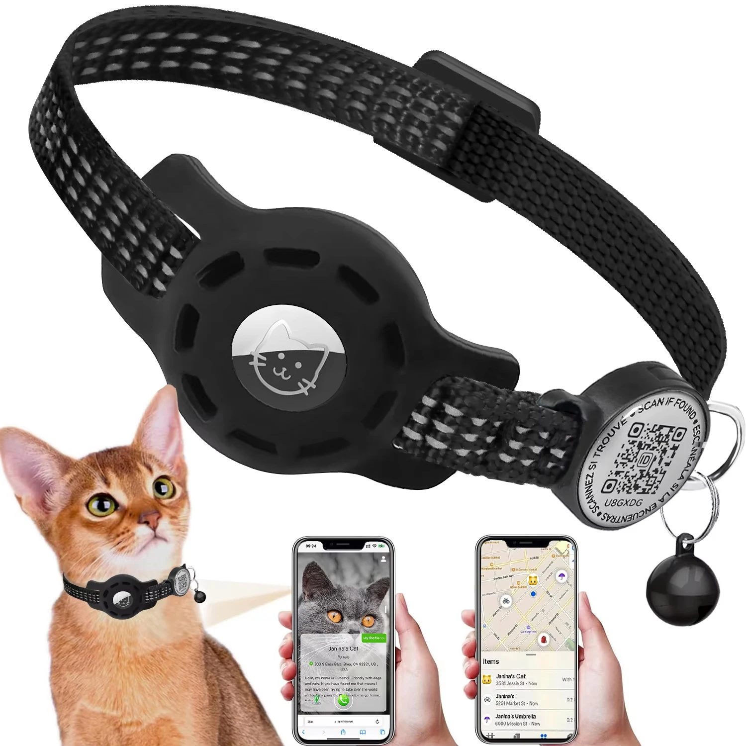 Cat GPS Collar with QR Code Tag & Airtag Case Reflective Apple Tag Cats Collar for Tracker Pet Breakaway Air Tag Kitten Collar