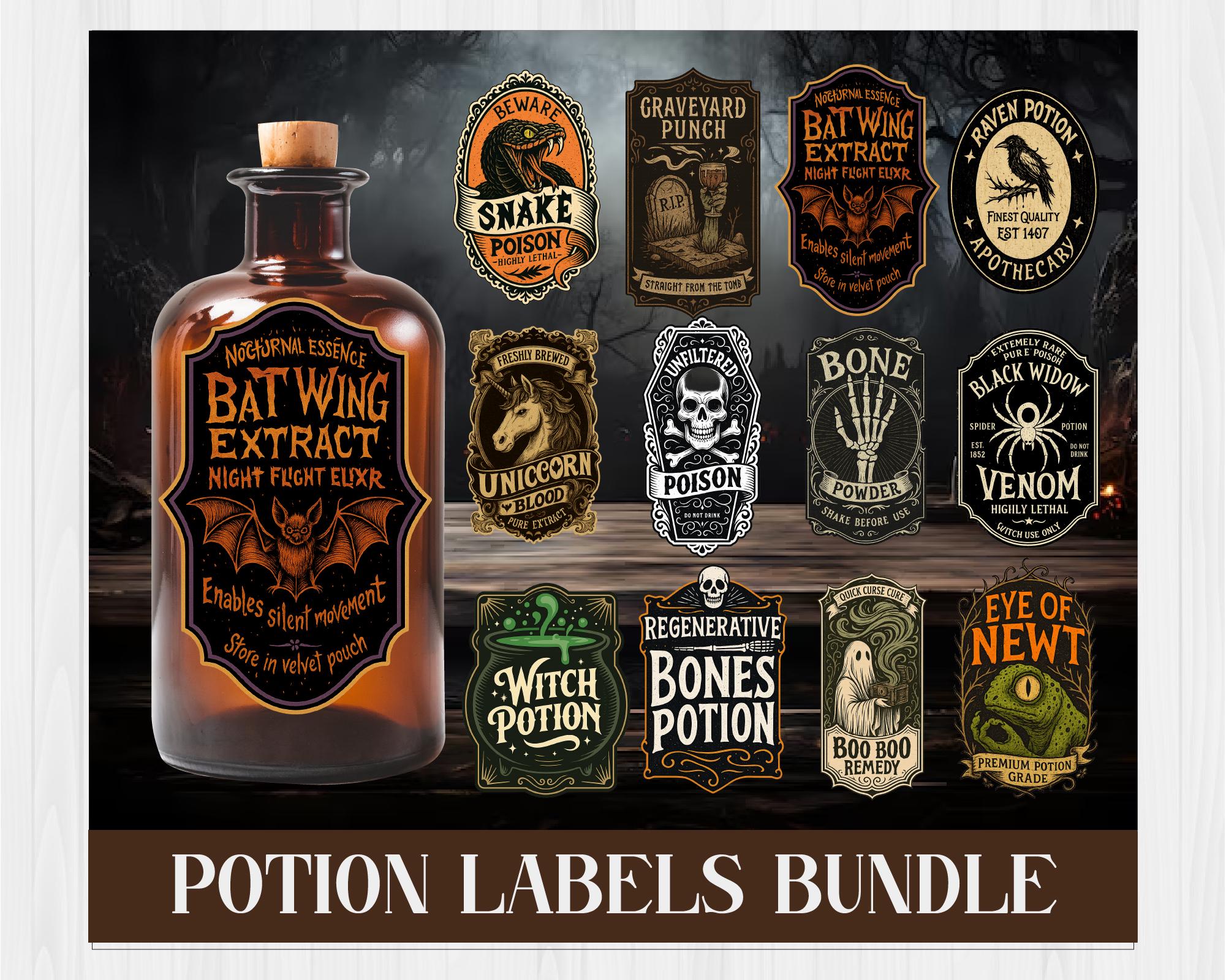 Set digitale di etichette per pozioni, etichette per bottiglie di pozioni, etichette per pozioni vintage, etichette per pozioni di Halloween, etichett