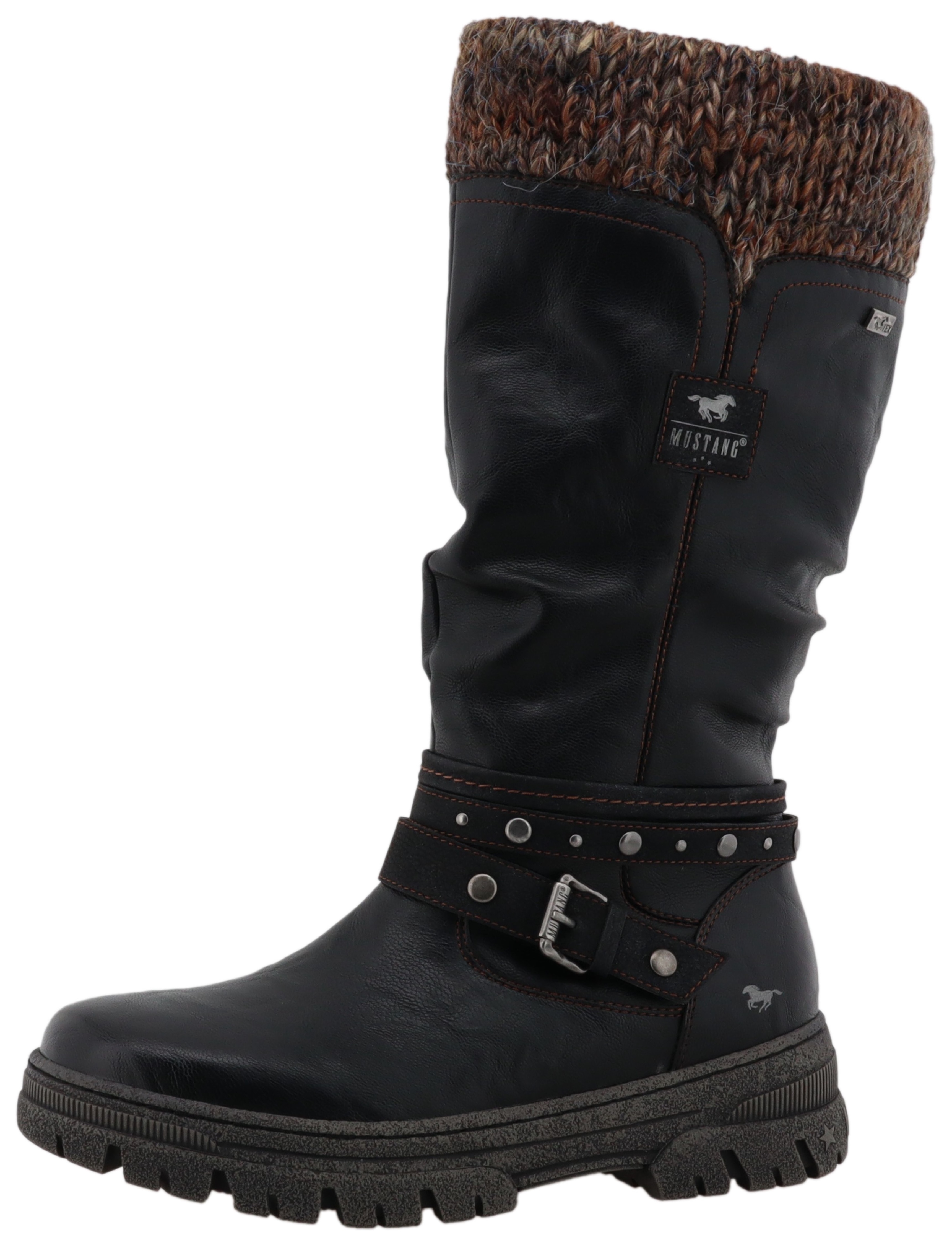 Winterstiefel MUSTANG SHOES "Tabitha", Damen, Gr. 40, Normalschaft, schwarz, braun, Lederimitat, Textil, Schuhe Winterstiefel, Stiefel mit Zierriemchen und Blockabsatz