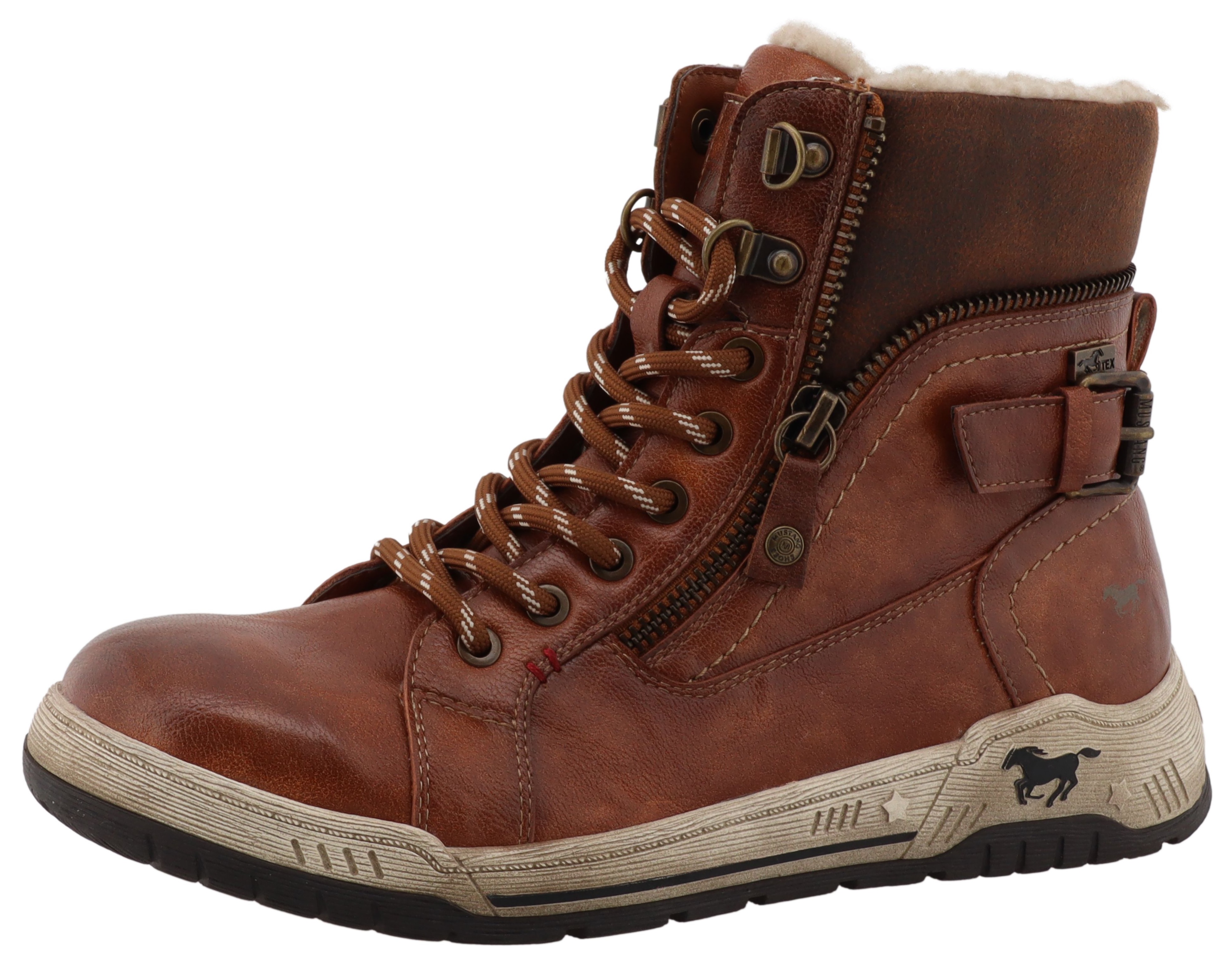 Winterboots MUSTANG SHOES "Ihana", Damen, Gr. 39, braun (cognac), Lederimitat, Textil, Schuhe Winterboots, High Top Sneaker, Winterboots mit Warmfutter und TEX, Topseller