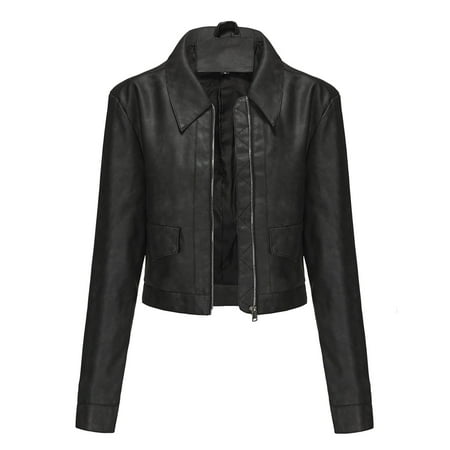 Ashirexll Leather Jacket Women Fall Oversized Solid Color Short Thin Leather Jacket Long Sleeve Lightweight Zip Up Motorcycle Jacket Biker Coat Black XL