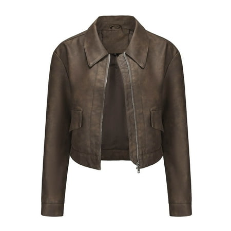Ashirexll Leather Jacket Women Fall Oversized Solid Color Short Thin Leather Jacket Long Sleeve Lightweight Zip Up Motorcycle Jacket Biker Coat Coffee XL