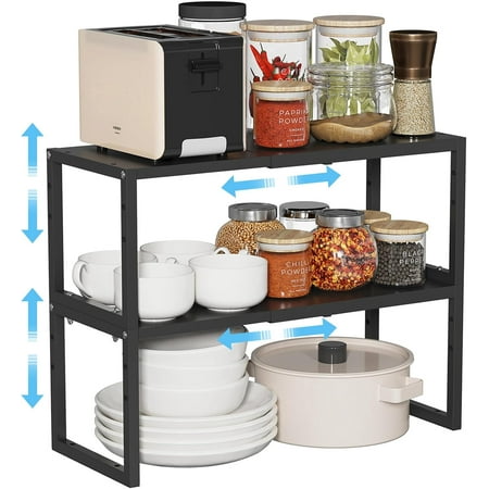 2 Pack Expandable Kitchen Cabinet Shelves Organizer Heavy Duty Metal Shelving Units and Storage Stackable Adjustable Kitchen Storage Organization Shelves Rack For Counter Cupboard Pantry Length:20.5