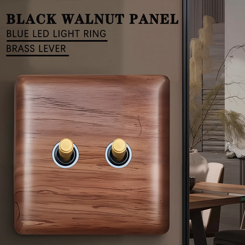 1–4 Gang Retro-Wandschalter aus massivem Holz, EU/Fr/Ru-Standard, 86 x 86 mm, eingebettete Kippschalter-Steckdose mit doppelter Steuerung, blaues Licht Image