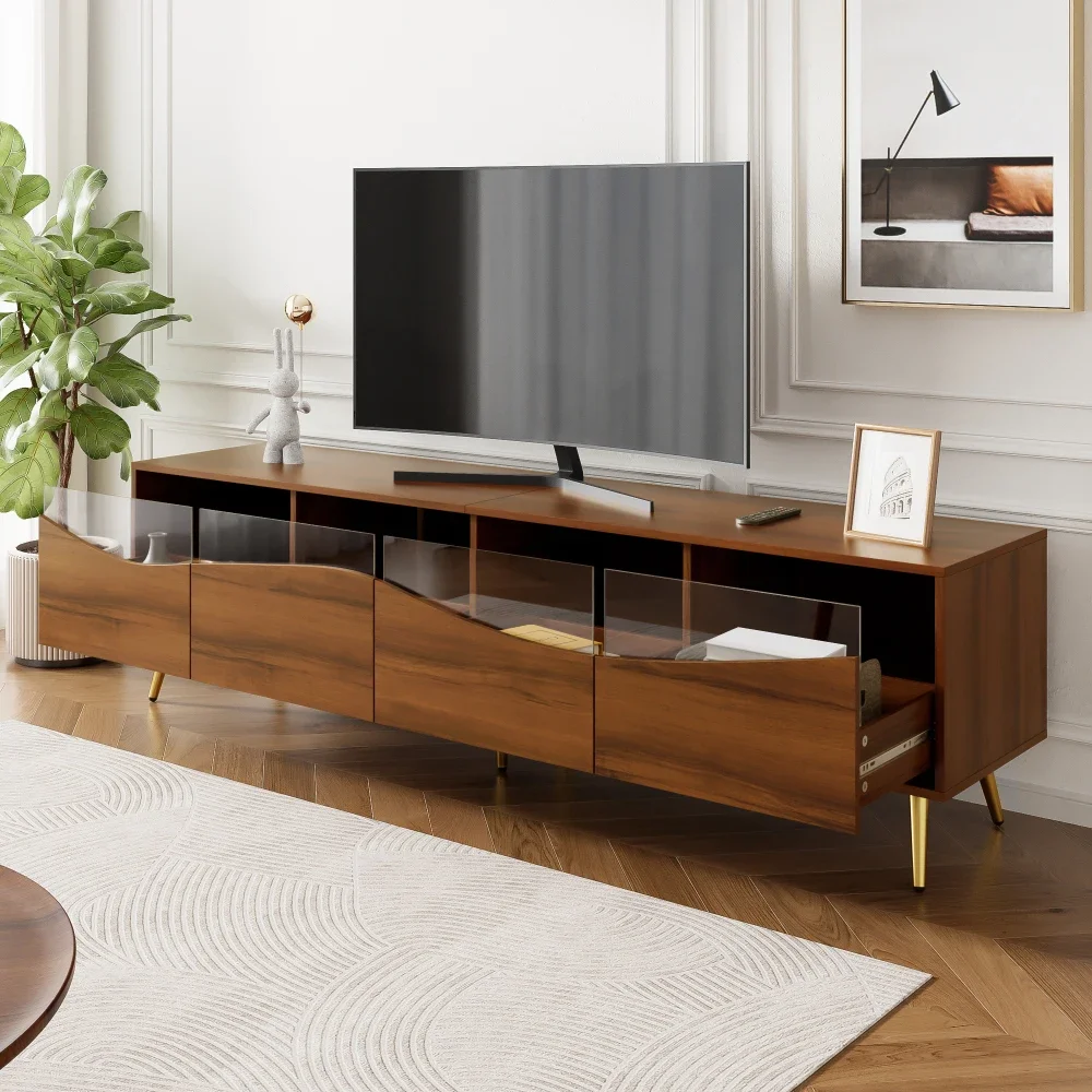 Moderner TV-Schrank für das Wohnzimmer, 180 x 40 x 50 cm | LED-Beleuchtung, Holzgehäuse und goldene Füße, Aufbewahrungseinheit vorne aus Glas für den Medienbereich zu Hause