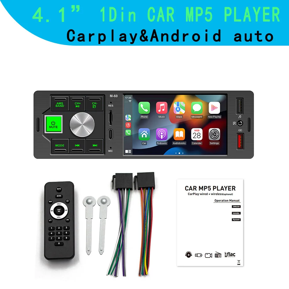 Autoradio-Player 1din 4 "Carplay Android Auto Spiegel Auto Media Player Touchscreen Bluetooth TF Aux USB Typec Aufladen fm60 Image