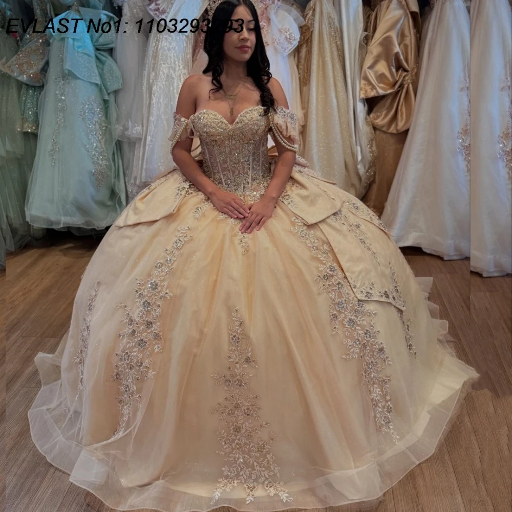 EVLAST Customized Champagne Ball Gown Quinceanera Dress Shiny Lace Applique Beading Bow Sweet 16 Vestidos De 15 Anos E1QN374